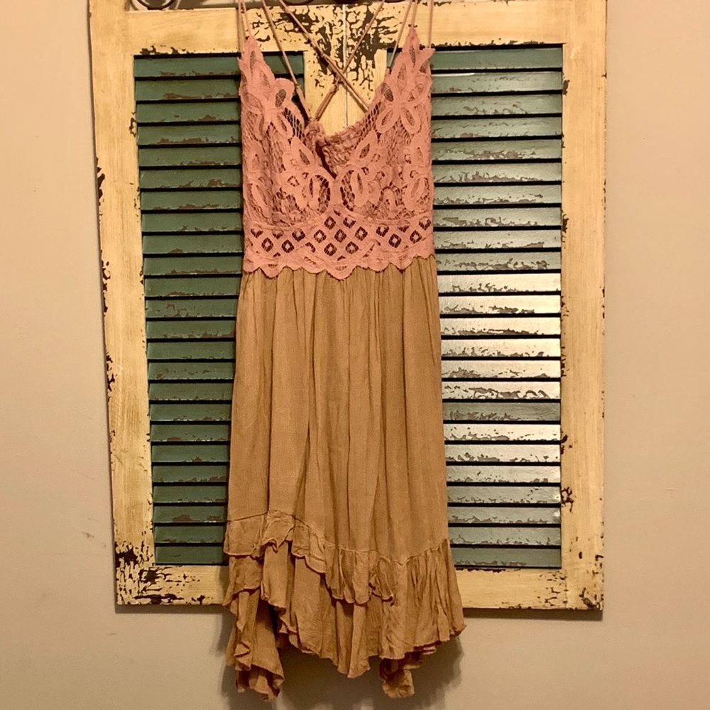 Women's Dusty Pink Crochet Bust Nightdress with Tan Skirt